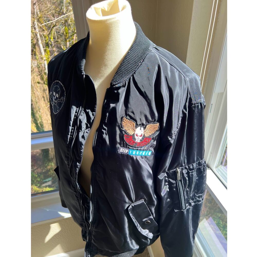 Men's Fossa Apparel Bomber puffer Jacket size Medium Black Skulls Patchwork